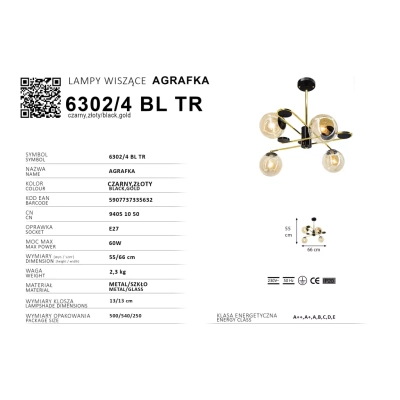 Agrafka lampa sufitowa 4xE27 czarna złota 6302/4 BL TR