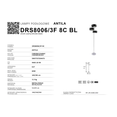 Antila lampa podłogowa 3XE27 chrom DRS8006/3F 8C BL