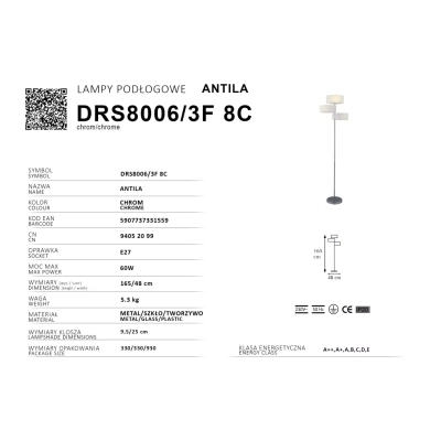 Antila lampa podłogowa 3XE27 chrom DRS8006/3F 8C