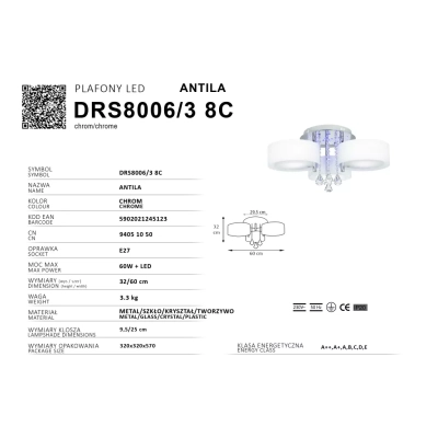 Antila lampa sufitowa 3XE27 + 22 LED z funkcją sleep chrom DRS8006/3 8C