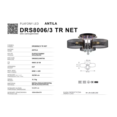 Antila lampa sufitowa 3XE27 + 22 LED z funkcją sleep złota czarna DRS8006/3 TR NET