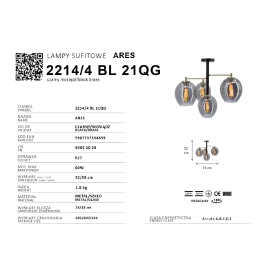 Ares lampa sufitowa 4xE27 czarna mosiądz 2214/4 BL 21QG