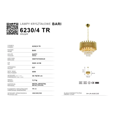 Bari lampa wisząca 4xE27 złota 6230/4 TR