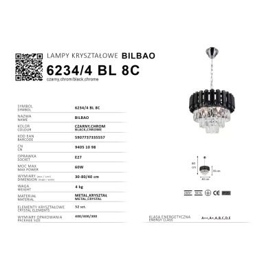 Bilbao lampa wisząca 4xE27 chrom czarna 6234/4 BL 8C