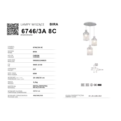 Bira lampa wisząca 3xE27 chrom 6746/3A 8C Elem