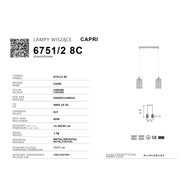 Capri lampa wisząca 2xE27 chrom 6751/2 8C