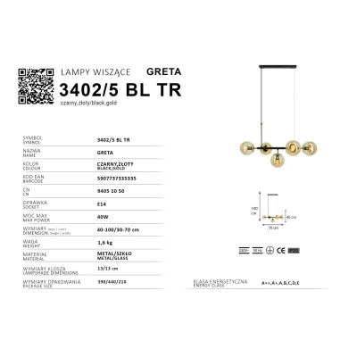 Greta lampa wisząca 5XE14 czarna złota 3402/5 BL TR