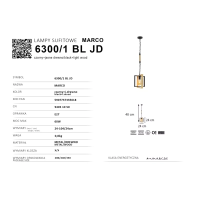Marco lampa wisząca 1xE27 jasne drewno czarna 6300/1 BL JD