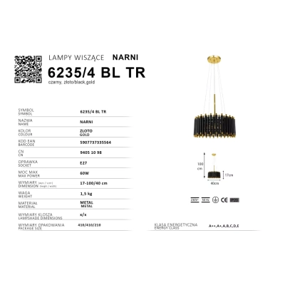 Narni lampa wisząca 4xE27 czarna złota 6235/4 BL TR