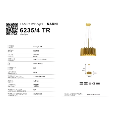 Narni lampa wisząca 4xE27 złota 6235/4 TR