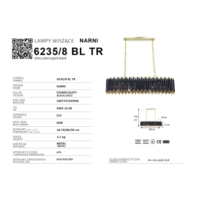 Narni lampa wisząca 8xE27 czarna złota 6235/8 BL TR