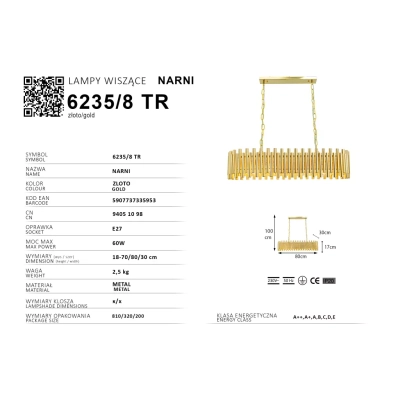 Narni lampa wisząca 8xE27 złota 6235/8 TR