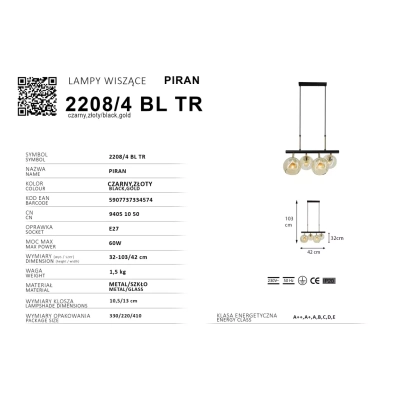 Piran lampa wisząca 4xE27 czarna złota 2208/4 BL TR