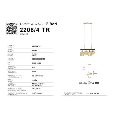 Piran lampa wisząca 4xE27 złota 2208/4 TR