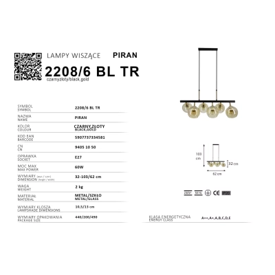 Piran lampa wisząca 6xE27 czarna złota 2208/6 BL TR