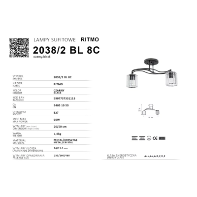 Ritmo lampa sufitowa 2xE27 chrom 2038/2 BL 8C