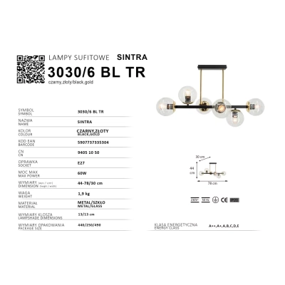 Sintra lampa sufitowa 6xE27 czarna złota 3030/6 BL TR