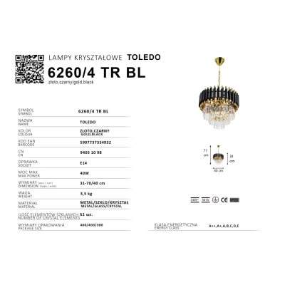 Toledo lampa wisząca 4xE27 złota czarna 6260/4 TR BL