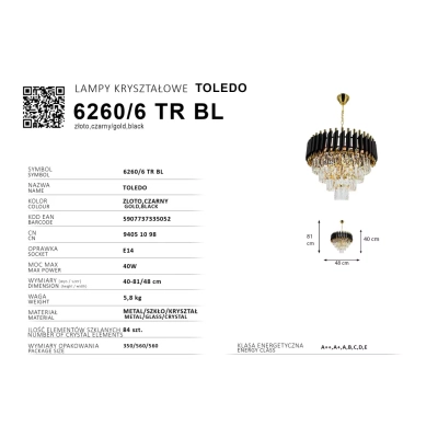 Toledo lampa wisząca 6xE27 złota czarna 6260/6 TR BL