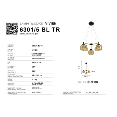 Vivien lampa wisząca 5XE27 czarna złota 6301/5 BL TR